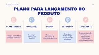 PLANO PARA LANÇAMENTO DO
PRODUTO
Título da apresentação 10
PLANEJAMENTO
Sinergia escalonável
comércio eletrônico
MARKETING
Divulgação
padronizada
métricas
DESIGN
Coordenar
aplicativos de
negócios eletrônicos
ESTRATÉGIA
Promover
metodologias
holisticamente
superiores
LANÇAMENTO
Implementar redes
estratégicas com
necessidades
urgentes de
negócios eletrônicos
 