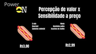 Power
O
N Percepção de valor x
Sensibilidade a preço
R$3,00 R$2,99
5 min
Gourmet
Salsicha colonial
10min
Batatinha palha
3saches de molho
 