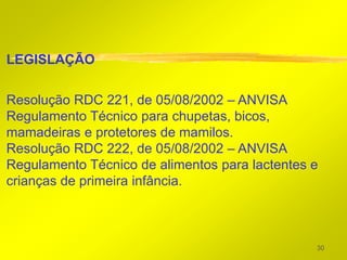LEGISLAÇÃO


Resolução RDC 221, de 05/08/2002 – ANVISA
Regulamento Técnico para chupetas, bicos,
mamadeiras e protetores de mamilos.
Resolução RDC 222, de 05/08/2002 – ANVISA
Regulamento Técnico de alimentos para lactentes e
crianças de primeira infância.



                                                30
 