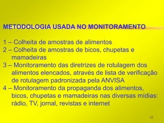 METODOLOGIA USADA NO MONITORAMENTO

1 – Colheita de amostras de alimentos
2 – Colheita de amostras de bicos, chupetas e
   mamadeiras
3 – Monitoramento das diretrizes de rotulagem dos
   alimentos elencados, através de lista de verificação
   de rotulagem padronizada pela ANVISA
4 – Monitoramento da propaganda dos alimentos,
   bicos, chupetas e mamadeiras nas diversas mídias:
   rádio, TV, jornal, revistas e internet

                                                    32
 