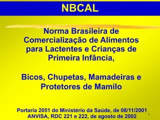 NBCAL

      Norma Brasileira de
  Comercialização de Alimentos
  para Lactentes e Crianças de
        Primeira Infância,

 Bicos, Chupetas, Mamadeiras e
     Protetores de Mamilo

Portaria 2051 do Ministério da Saúde, de 08/11/2001
                                                    5
    ANVISA, RDC 221 e 222, de agosto de 2002
 