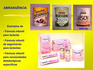 ABRANGÊNCIA




   Exemplos de
                     NAN soy
• Fórmula infantil
para lactente

• Fórmula infantil
de seguimento
para lactentes

• Fórmula infantil
para necessidades
dietoterápicas
específicas
                          7
 