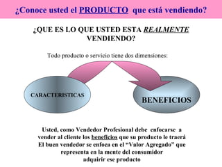 ¿QUE ES LO QUE USTED ESTA  REALMENTE  VENDIENDO? BENEFICIOS ¿Conoce usted el  PRODUCTO   que está vendiendo? Todo producto o servicio tiene dos dimensiones: CARACTERISTICAS CARACTERISTICAS Usted, como Vendedor Profesional debe  enfocarse  a vender al cliente los  beneficios  que su producto le traerá El buen vendedor se enfoca en el “Valor Agregado” que representa en la mente del consumidor adquirir ese producto 
