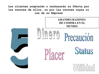 Los clientes aceptarán o rechazarán su Oferta por las razones de ellos, no por las razones suyas ni las de su Empresa GRANDES RAZONES  DE COMPRA EN EL MUNDO: 5 Utilidad Status Dinero Precaución Placer 