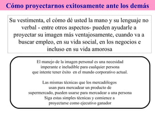 Cómo proyectarnos exitosamente ante los demás Su vestimenta, el cómo dé usted la mano y su lenguaje no  verbal - entre otros aspectos- pueden ayudarle a  proyectar su imagen más ventajosamente, cuando va a  buscar empleo, en su vida social, en los negocios e incluso en su vida amorosa El manejo de la imagen personal es una necesidad imperante e ineludible para cualquier persona que intente tener éxito  en el mundo corporativo actual. Las mismas técnicas que los mercadólogos  usan para mercadear un producto de supermercado, pueden usarse para mercadear a una persona Siga estas simples técnicas y comience a  proyectarse como ejecutivo ganador 