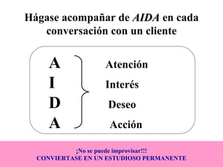 Hágase acompañar de  AIDA  en cada conversación con un cliente ¡No se puede improvisar!!! CONVIERTASE EN UN ESTUDIOSO PERMANENTE A   Atención I   Interés D   Deseo A  Acción 