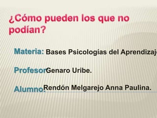 Materia: Bases Psicologías del Aprendizaje

Profesor:
        Genaro Uribe.

      Rendón Melgarejo Anna Paulina.
Alumno:
 