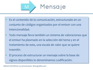 • Es el contenido de la comunicación, estructurado en un
conjunto de códigos organizados por el emisor con una
intencionalidad.
• Todo mensaje lleva también un sistema de valoraciones que
el emisor ha plasmado en la selección del tema y en el
tratamiento de este, una escala de valor que se quiere
trasmitir.
• El proceso de estructurar un mensaje sobre la base de
signos disponibles lo denominamos codificación.
M
ANGGE UZCATEGUI. La comunicación. Monografias.com
 