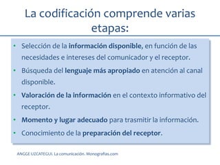 La codificación comprende varias
etapas:
• Selección de la información disponible, en función de las
necesidades e intereses del comunicador y el receptor.
• Búsqueda del lenguaje más apropiado en atención al canal
disponible.
• Valoración de la información en el contexto informativo del
receptor.
• Momento y lugar adecuado para trasmitir la información.
• Conocimiento de la preparación del receptor.
ANGGE UZCATEGUI. La comunicación. Monografias.com
 