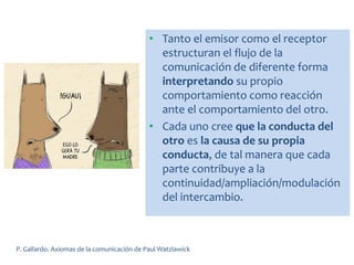• Tanto el emisor como el receptor
estructuran el flujo de la
comunicación de diferente forma
interpretando su propio
comportamiento como reacción
ante el comportamiento del otro.
• Cada uno cree que la conducta del
otro es la causa de su propia
conducta, de tal manera que cada
parte contribuye a la
continuidad/ampliación/modulación
del intercambio.
P. Gallardo. Axiomas de la comunicación de Paul Watzlawick
 