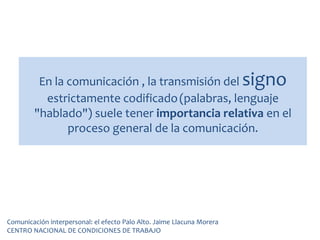 En la comunicación , la transmisión del signo
estrictamente codificado(palabras, lenguaje
"hablado") suele tener importancia relativa en el
proceso general de la comunicación.
Comunicación interpersonal: el efecto Palo Alto. Jaime Llacuna Morera
CENTRO NACIONAL DE CONDICIONES DE TRABAJO
 