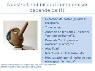 • Expresión del rostro (mirada al
receptor).
• Tono de voz.
• Ausencia de tensiones (utilizar el
“sentido del humor”).
• Deseo de “no imponer o
avasallar” al receptor.
• Afabilidad.
• Interés real en lo transmitido.
• Preocupación por el hecho de que
el receptor “entienda”.
Comunicación interpersonal: el efecto Palo Alto. Jaime Llacuna Morera
CENTRO NACIONAL DE CONDICIONES DE TRABAJO
 