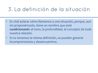 • Es vital aclarar cómo llamamos a una situación, porque, aun
sin proponérnoslo, tiene un nombre que está
condicionando el tono, la profundidad, el concepto de toda
nuestra relación.
• Si no tenemos la misma definición, se pueden generar
incomprensiones y desencuentros.
 