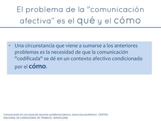 • Una circunstancia que viene a sumarse a los anteriores
problemas es la necesidad de que la comunicación
"codificada" se dé en un contexto afectivo condicionado
por el cómo.
Comunicación en una situación docente: problemas básicos. Jaime Llacuna Morera. CENTRO
NACIONAL DE CONDICIONES DE TRABAJO - BARCELONA
 