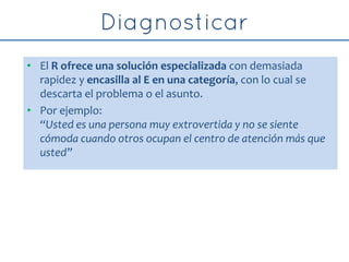 • El R ofrece una solución especializada con demasiada
rapidez y encasilla al E en una categoría, con lo cual se
descarta el problema o el asunto.
• Por ejemplo:
“Usted es una persona muy extrovertida y no se siente
cómoda cuando otros ocupan el centro de atención más que
usted”
 