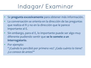 • Se pregunta excesivamente para obtener más información.
• La conversación se orienta en la dirección de las preguntas
que realiza el R y no en la dirección que le parece
importante al E.
• Sin embargo, para el E, lo importante puede ser algo muy
diferente pudiendo sentir que se lo somete a un
interrogatorio.
• Por ejemplo:
“¿Cuándo lo percibió por primera vez? ¿Cada cuánto lo tiene?
¿Lo conoce de antes?“
 
