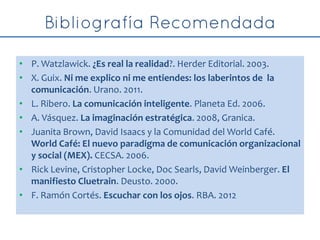 • P. Watzlawick. ¿Es real la realidad?. Herder Editorial. 2003.
• X. Guix. Ni me explico ni me entiendes: los laberintos de la
comunicación. Urano. 2011.
• L. Ribero. La comunicación inteligente. Planeta Ed. 2006.
• A. Vásquez. La imaginación estratégica. 2008, Granica.
• Juanita Brown, David Isaacs y la Comunidad del World Café.
World Café: El nuevo paradigma de comunicación organizacional
y social (MEX). CECSA. 2006.
• Rick Levine, Cristopher Locke, Doc Searls, David Weinberger. El
manifiesto Cluetrain. Deusto. 2000.
• F. Ramón Cortés. Escuchar con los ojos. RBA. 2012
 