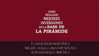 COMO
REALIZAR
MEJORES
INVERSIONES
EN LA BASE DE
LA PIRÁMIDE
ELSA ROMAN MARTINEZ
MIGUEL RAUL GARZA MENDOZA
ROXANA MAZA JIMENEZ
How to Make best investments on the Base of the Pyramid
 