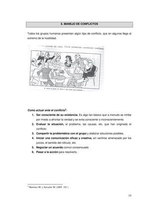 14
6. MANEJO DE CONFLICTOS
Todos los grupos humanos presentan algún tipo de conflicto, que en algunos llega al
extremo de la hostilidad.
Como actuar ante el conflicto2
:
1. Ser consciente de su existencia. Es algo tan básico que a menudo se inhibe
por miedo a afrontar la verdad y se evita consciente o inconscientemente.
2. Evaluar la situación, el problema, las causas, etc. que han originado el
conflicto.
3. Compartir la problemática con el grupo y elaborar soluciones posibles.
4. Iniciar una comunicación eficaz y creativa, sin sentirse amenazado por los
juicios, el sentido del ridículo, etc.
5. Negociar un acuerdo común consensuado
6. Pasar a la acción para resolverlo.
2
Martínez M. y Salvador M. (2005: 101 )
 
