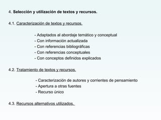 4. Selección y utilización de textos y recursos.
4.1. Caracterización de textos y recursos.
- Adaptados al abordaje temático y conceptual
- Con información actualizada
- Con referencias bibliográficas
- Con referencias conceptuales
- Con conceptos definidos explicados
4.2. Tratamiento de textos y recursos.
- Caracterización de autores y corrientes de pensamiento
- Apertura a otras fuentes
- Recurso único
4.3. Recursos alternativos utilizados.
 