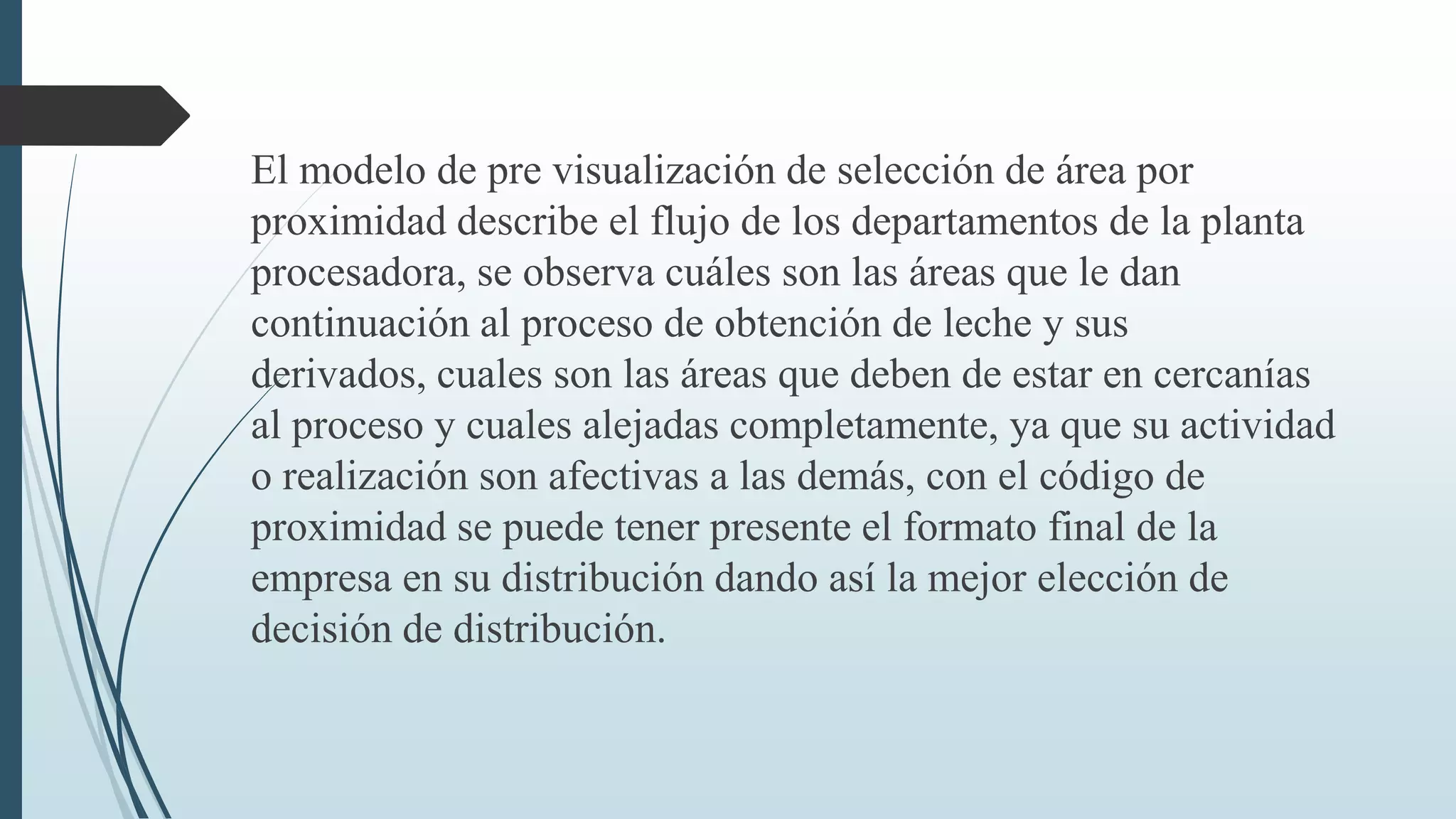 El modelo de pre visualización de selección de área por
proximidad describe el flujo de los departamentos de la planta
procesadora, se observa cuáles son las áreas que le dan
continuación al proceso de obtención de leche y sus
derivados, cuales son las áreas que deben de estar en cercanías
al proceso y cuales alejadas completamente, ya que su actividad
o realización son afectivas a las demás, con el código de
proximidad se puede tener presente el formato final de la
empresa en su distribución dando así la mejor elección de
decisión de distribución.

 