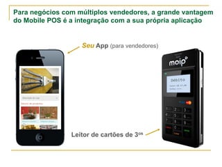 Para negócios com múltiplos vendedores, a grande vantagem
do Mobile POS é a integração com a sua própria aplicação
Seu App (para vendedores)
Leitor de cartões de 3os
 