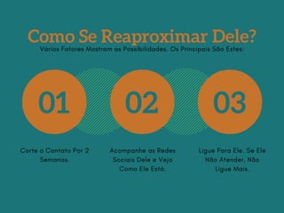Como Se Reaproximar Dele?
01 02 03
Corte o Contato Por 2
Semanas.
Acompanhe as Redes
Sociais Dele e Veja
Como Ele Está.
Ligue Para Ele. Se Ele
Não Atender, Não
Ligue Mais.
Vários Fatores Mostram as Possibilidades. Os Principais São Estes:
 