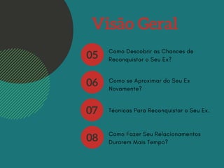 Visão Geral
Como Fazer Seu Relacionamentos
Durarem Mais Tempo?
05
Como Descobrir as Chances de
Reconquistar o Seu Ex?
06
Como se Aproximar do Seu Ex
Novamente?
07
Técnicas Para Reconquistar o Seu Ex.
08
 