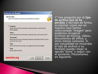 1º nos pregunta por el tipo de archivo que se ha perdido o borrado de forma accidental, como ven en nuestro caso hemos seleccionado “imagen” pero podemos recuperar archivos de música, vídeos, documentos de office, y otros menos comunes. Si por casualidad no recuerdas el tipo de archivo o su formato puedes elegir la opción “otros” y seguir con el asistente, Presionamos en Siguiente.