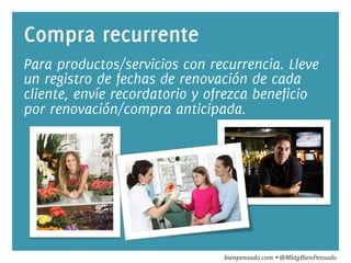 Compra recurrente 
Para productos/servicios con recurrencia. Lleve 
un registro de fechas de renovación de cada 
cliente, ...