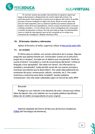 8
En resumen: parece que pueden caer partículas en agujeros negros que
luego se desvanezcan y desaparezcan de nuestra región del universo. Las
partículas parten hacia pequeños universos que se separan del nuestro. Es posible
que esos universos reintegren en algún otro punto. Quizá no sirvan gran cosa
para los viajes espaciales, pero su presencia significa que seremos capaces de
predecir menos de lo que esperábamos, incluso aunque encontráramos una teoría
unificada completa (...) en los últimos años, varios investigadores han comenzado
a estudiar los pequeños universos. No creo que nadie se haga rico patentándolos
como un modo de viaje espacial, pero se han convertido en un campo muy
interesante de investigación. (Stephen Hawking 1994).
10. El formato: citación y referencias
Aplicar el formato y el estilo, sugerimos utilizar el Manual de estilo APA.
11. La revisión
El último paso es realizar una revisión exhaustiva de tu ensayo. Algunas
preguntas que podrías hacerte son: ¿el borrador cuenta con la estructura
propia de un ensayo?, ¿cumple con el objetivo que me planteé?, ¿tomé en
cuenta al lector?, ¿consideré su nivel de conocimiento del tema?, ¿utilicé el
lenguaje y tono apropiado?, ¿las ideas son claras?, ¿la información es
completa y actualizada?, ¿cada párrafo consta de una oración principal y
oraciones secundarias que la desarrollan?, ¿he usado adecuadamente los
conectores de causa, consecuencia, adición, contraste, etc.?, ¿he usado
sinónimos y antónimos para darle variedad?, ¿existen palabras
innecesarias?, ¿las citas están redactadas según el manual de estilo APA?
Recuerda
El plagio es una violación a los derechos de autor; siempre que utilices
ideas de alguien más y las redactes con tus propias palabras (paráfrasis),
debes dar el crédito correspondiente al autor original.
Material adaptado del Centro de Recursos de Escritura Académica
(CREA) del Tecnológico de Monterrey.
 