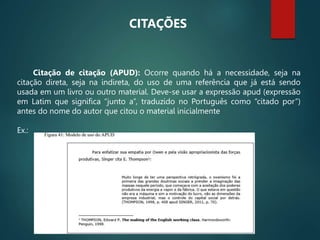 Citação de citação (APUD): Ocorre quando há a necessidade, seja na
citação direta, seja na indireta, do uso de uma referência que já está sendo
usada em um livro ou outro material. Deve-se usar a expressão apud (expressão
em Latim que significa “junto a”, traduzido no Português como “citado por”)
antes do nome do autor que citou o material inicialmente
Ex.:
CITAÇÕES
 