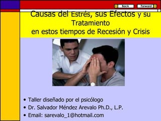 Causas del Estrés, sus Efectos y su
Tratamiento
en estos tiempos de Recesión y Crisis

.

 Taller diseñado por el psicólogo
 Dr. Salvador Méndez Arevalo Ph.D., L.P.
 Email: sarevalo_1@hotmail.com

 