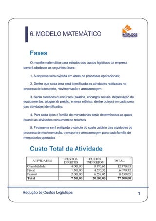 O modelo matemático para estudos dos custos logísticos da empresa
deverá obedecer as seguintes fases:
1. A empresa será dividida em áreas de processos operacionais;
2. Dentro que cada área será identificada as atividades realizadas no
processo de transporte, movimentação e armazenagem;
3. Serão alocados os recursos (salários, encargos sociais, depreciação de
equipamentos, aluguel do prédio, energia elétrica, dentre outros) em cada uma
das atividades identificadas;
6. MODELO MATEMÁTICO
7
4. Para cada tipos e família de mercadorias serão determinadas as quais
quanto as atividades consumem de recursos
5. Finalmente será realizado o cálculo do custo unitário das atividades do
processo de movimentação, transporte e armazenagem para cada família de
mercadorias operadas
Redução de Custos Logísticos
 