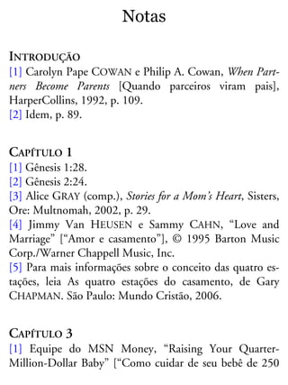 Notas
INTRODUÇÃO
[1] Carolyn Pape COWAN e Philip A. Cowan, When Part-
ners Become Parents [Quando parceiros viram pais],
HarperCollins, 1992, p. 109.
[2] Idem, p. 89.
CAPÍTULO 1
[1] Gênesis 1:28.
[2] Gênesis 2:24.
[3] Alice GRAY (comp.), Stories for a Mom’s Heart, Sisters,
Ore: Multnomah, 2002, p. 29.
[4] Jimmy Van HEUSEN e Sammy CAHN, “Love and
Marriage” [“Amor e casamento”], © 1995 Barton Music
Corp./Warner Chappell Music, Inc.
[5] Para mais informações sobre o conceito das quatro es-
tações, leia As quatro estações do casamento, de Gary
CHAPMAN. São Paulo: Mundo Cristão, 2006.
CAPÍTULO 3
[1] Equipe do MSN Money, “Raising Your Quarter-
Million-Dollar Baby” [“Como cuidar de seu bebê de 250
 