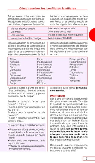Cómo resolver los conflictos familiares
17
Me has decepcionado
Me irritas
Eres un inútil
No se puede hablar contigo
Me siento decepcionada
Ahora me siento mal
Haces cosas que no me gustan
Me cuesta entenderte
Todas ellas hablan de emociones. En
las de la columna de la izquierda se
responsabiliza a otro de lo que nos
pasa.Enlasdeladerechasimplemen-
te se habla de cómo estamos. Es fácil
deducir cuáles de ellas facilitarán más
omenosladisposicióndelotroahablar
de lo que ocurre. Puedes probar con
las siguientes y con otras que se te
ocurran:
Alivio Furia Preocupación
Angustia Inadecuación Remordimiento
Ansiedad Incertidumbre Resignación
Caos Incredulidad Soledad
Confusión Indefensión Temor
Culpa Infravaloración Traumatismo
Depresión Insatisfacción Tristeza
Desesperación Insensibilidad Vacío
Desilusión Odio Venganza
Enojo Pérdida
¡Cuidado! Estás a punto de decir:
“Eres un histérico. Siempre acabas
montándome el número; y yo me
quedo mal por tu culpa”
Prueba a cambiar “eres” por
“haces” o “dices”.
Prueba a decir “yo” o nosotros” en
vez de “tú”.
Prueba a decir “a veces” en vez de
“siempre”.
Prueba a proponer un cambio: “Me
gustaría que…”
En resumen, lo que estás haciendo es:
• Prestar atención y entender, y de-
mostrárselo a la otra persona.
• Decir lo que tú quieres, sin hacer
daño.
• Hablar de lo que tú piensas, de lo
que a ti te pasa.
• Y hablar de lo que quieres que pase.
Proponer un cambio.
A esto se le suele llamar comunica-
ción asertiva.
PARTICIPAR
Dar a otra persona la oportunidad
de opinar es reconocerla. También
lo es darle la oportunidad de es-
cuchar. De vez en cuando pode-
mos reflexionar sobre el tiempo
hablado, el nuestro y el de los
demás. A veces, en nuestras con-
versaciones familiares, parece que
nos peleamos por hablar. Da la
impresión de que, para tomar la
palabra, hay que interrumpir a
quien la tiene. Sin darnos cuenta
estamos dando más importancia
a lo que queremos decir que a
lo que podemos escuchar. Las
dos cosas son necesarias.
Después de una conversación con
mi pareja: ¿Cuánto tiempo he ha-
blado yo y cuánto ella?
Así, podemos probar a expresar los
sentimientos negativos de forma di-
recta (enfado, irritación, rabia, decep-
ción, tristeza, depresión, frustración),
hablandodeloquenospasa,decómo
estamos, sin culpabilizar al otro por
ello. Piensa en las posibles reacciones
ante las siguientes afirmaciones:
 