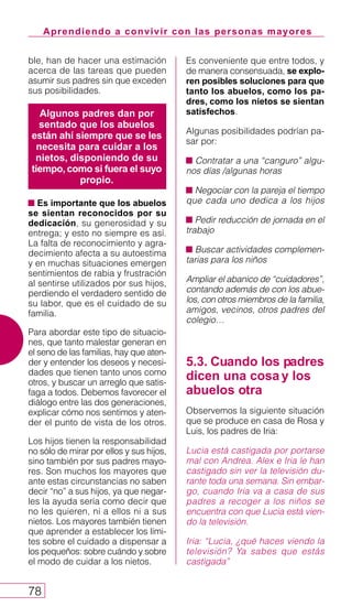 Aprendiendo a convivir con las personas mayores
78
ble, han de hacer una estimación
acerca de las tareas que pueden
asumir sus padres sin que exceden
sus posibilidades.
Es importante que los abuelos
se sientan reconocidos por su
dedicación, su generosidad y su
entrega; y esto no siempre es así.
La falta de reconocimiento y agra-
decimiento afecta a su autoestima
y en muchas situaciones emergen
sentimientos de rabia y frustración
al sentirse utilizados por sus hijos,
perdiendo el verdadero sentido de
su labor, que es el cuidado de su
familia.
Para abordar este tipo de situacio-
nes, que tanto malestar generan en
el seno de las familias, hay que aten-
der y entender los deseos y necesi-
dades que tienen tanto unos como
otros, y buscar un arreglo que satis-
faga a todos. Debemos favorecer el
diálogo entre las dos generaciones,
explicar cómo nos sentimos y aten-
der el punto de vista de los otros.
Los hijos tienen la responsabilidad
no sólo de mirar por ellos y sus hijos,
sino también por sus padres mayo-
res. Son muchos los mayores que
ante estas circunstancias no saben
decir “no” a sus hijos, ya que negar-
les la ayuda sería como decir que
no les quieren, ni a ellos ni a sus
nietos. Los mayores también tienen
que aprender a establecer los lími-
tes sobre el cuidado a dispensar a
los pequeños: sobre cuándo y sobre
el modo de cuidar a los nietos.
Es conveniente que entre todos, y
de manera consensuada, se explo-
ren posibles soluciones para que
tanto los abuelos, como los pa-
dres, como los nietos se sientan
satisfechos.
Algunas posibilidades podrían pa-
sar por:
Contratar a una “canguro” algu-
nos días /algunas horas
Negociar con la pareja el tiempo
que cada uno dedica a los hijos
Pedir reducción de jornada en el
trabajo
Buscar actividades complemen-
tarias para los niños
Ampliar el abanico de “cuidadores”,
contando además de con los abue-
los, con otros miembros de la familia,
amigos, vecinos, otros padres del
colegio…
5.3. Cuando los padres
dicen una cosa y los
abuelos otra
Observemos la siguiente situación
que se produce en casa de Rosa y
Luis, los padres de Iria:
Lucia está castigada por portarse
mal con Andrea. Alex e Iria le han
castigado sin ver la televisión du-
rante toda una semana. Sin embar-
go, cuando Iria va a casa de sus
padres a recoger a los niños se
encuentra con que Lucia está vien-
do la televisión.
Iria: “Lucia, ¿qué haces viendo la
televisión? Ya sabes que estás
castigada”
Algunos padres dan por
sentado que los abuelos
están ahí siempre que se les
necesita para cuidar a los
nietos, disponiendo de su
tiempo, como si fuera el suyo
propio.
 