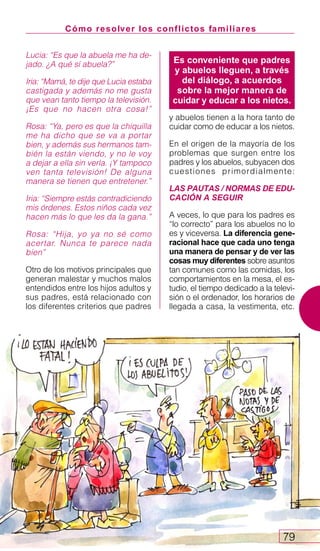 Es conveniente que padres
y abuelos lleguen, a través
del diálogo, a acuerdos
sobre la mejor manera de
cuidar y educar a los nietos.
Cómo resolver los conflictos familiares
79
Lucia: “Es que la abuela me ha de-
jado. ¿A qué sí abuela?”
Iria: “Mamá, te dije que Lucia estaba
castigada y además no me gusta
que vean tanto tiempo la televisión.
¡Es que no hacen otra cosa!”
Rosa: “Ya, pero es que la chiquilla
me ha dicho que se va a portar
bien, y además sus hermanos tam-
bién la están viendo, y no le voy
a dejar a ella sin verla. ¡Y tampoco
ven tanta televisión! De alguna
manera se tienen que entretener.”
Iria: “Siempre estás contradiciendo
mis órdenes. Estos niños cada vez
hacen más lo que les da la gana.”
Rosa: “Hija, yo ya no sé como
acertar. Nunca te parece nada
bien”
Otro de los motivos principales que
generan malestar y muchos malos
entendidos entre los hijos adultos y
sus padres, está relacionado con
los diferentes criterios que padres
y abuelos tienen a la hora tanto de
cuidar como de educar a los nietos.
En el origen de la mayoría de los
problemas que surgen entre los
padres y los abuelos, subyacen dos
cuestiones primordialmente:
LAS PAUTAS / NORMAS DE EDU-
CACIÓN A SEGUIR
A veces, lo que para los padres es
“lo correcto” para los abuelos no lo
es y viceversa. La diferencia gene-
racional hace que cada uno tenga
una manera de pensar y de ver las
cosas muy diferentes sobre asuntos
tan comunes como las comidas, los
comportamientos en la mesa, el es-
tudio, el tiempo dedicado a la televi-
sión o el ordenador, los horarios de
llegada a casa, la vestimenta, etc.
 