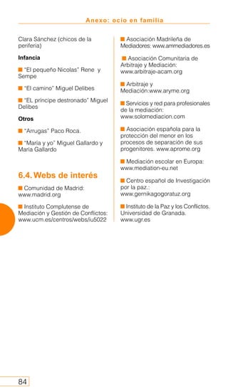 Anexo: ocio en familia
84
Clara Sánchez (chicos de la
periferia)
Infancia
“El pequeño Nicolas” Rene y
Sempe
“El camino” Miguel Delibes
“EL príncipe destronado” Miguel
Delibes
Otros
“Arrugas” Paco Roca.
“María y yo” Miguel Gallardo y
María Gallardo
6.4. Webs de interés
Comunidad de Madrid:
www.madrid.org
Instituto Complutense de
Mediación y Gestión de Conflictos:
www.ucm.es/centros/webs/iu5022
Asociación Madrileña de
Mediadores: www.ammediadores.es
Asociación Comunitaria de
Arbitraje y Mediación:
www.arbitraje-acam.org
Arbitraje y
Mediación:www.aryme.org
Servicios y red para profesionales
de la mediación:
www.solomediacion.com
Asociación española para la
protección del menor en los
procesos de separación de sus
progenitores. www.aprome.org
Mediación escolar en Europa:
www.mediation-eu.net
Centro español de Investigación
por la paz.:
www.gernikagogoratuz.org
Instituto de la Paz y los Conflictos.
Universidad de Granada.
www.ugr.es
 
