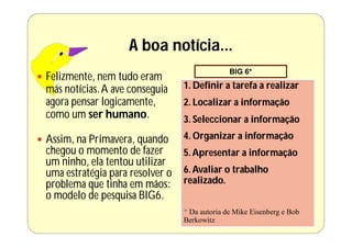 A boa notícia...
                                                BIG 6*
 Felizmente, nem tudo eram
 más notícias. A ave conseguia    1. Definir a tarefa a realizar
 agora pensar logicamente,        2. Localizar a informação
 como um ser humano.              3. Seleccionar a informação

 Assim, na Primavera, quando     4. Organizar a informação
 chegou o momento de fazer        5. Apresentar a informação
 um ninho, ela tentou utilizar
 uma estratégia para resolver o   6. Avaliar o trabalho
 problema que tinha em mãos:      realizado.
 o modelo de pesquisa BIG6.
                                  * Da autoria de Mike Eisenberg e Bob
                                  Berkowitz
 