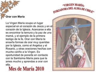 Orar con María
La Virgen María ocupa un lugar
especial en el corazón de Jesús y en el
corazón de la Iglesia. Acercarse a ella
es encontrar la ternura y la paz de una
mamá, y el ejemplo de la primera
testigo de la fe. Orar con María te
enseña formas de orar muy queridas
por la Iglesia, como el Angelus y el
Rosario, y otras oraciones hechas con
mucho cariño a la Virgen. Es
oportunidad de ponerte en contacto
con la Santísima María para que la
ames mucho y aprendas a orar con
ella.
 