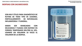 COMO SACARLE EL MEJOR PROVECHO A UNA BIOPSIA DE PIEL Reunión Sociedad Antioqueña de 
Dermatología. Octubre 2014 
BIOPSIAS CON SACABOCADOS 
SON MUY ÚTILES PARA DIAGNÓSTICO DE 
RUTINA DE TODO TIPO DE LESIONES, 
PARTICULARMENTE DE NATURALEZA 
INFLAMATORIA Y TUMORAL. 
DEBEN SER MANEJADAS CON 
DELICADEZA Y FIJADAS CON RAPIDEZ EN 
FORMOL TAMPONADO NEUTRO AL 10%. 
USANDO UN VOLUMEN 10 VECES EL 
VOLUMEN DE LA BIOPSIA. 
10X 
 