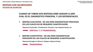 ¿QUÉ TIPO DE CORTE USAR: VERTICAL, COMO SACARLE EL MEJOR PROVECHO A UNA BIOPSIA D EH OPRIEIZLONTAL, AMBOS? Reunión Sociedad Antioqueña de 
CUANDO SE TOMAN DOS BIOPSIAS DEBE QUEDAR CLARO 
CUAL ES EL DIAGNÓSTICO PRINCIPAL Y LOS DIFERENCIALES 
1. BIOPSIA CUALITATIVA : SE USA PARA DIAGNOSTICAR PROCESOS 
EN LOS CUALES NO SE REQUIERE CUANTIFICACIÓN: 
Alopecias Cicatriciales, Tricotilomanía, Psoriasis, Lúes, Alopecia Areata, etc- 
VERTICAL Y / O TRANSVERSAL 
1. BIOPSIA CUANTITATIVA : SE USA PARA DIAGNOSTICAR 
PROCESOS EN LOS CUALES SE REQUIERE CUANTIFICACIÓN: 
Alopecia Androgénica, Efluvium Telógeno, Alopecia Areata. 
TRANSVERSAL 
Dermatología. Octubre 2014 
BIOPSIAS CON SACABOCADOS 
ESTUDIO DE ALOPECIAS 
 