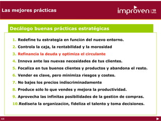 Las mejores prácticas



     Decálogo buenas prácticas estratégicas

      1. Redefine tu estrategia en función del nuevo entorno.
      2. Controla la caja, la rentabilidad y la morosidad
      3. Refinancia la deuda y optimiza el circulante
      4. Innova ante las nuevas necesidades de tus clientes.
      5. Focaliza en tus buenos clientes y productos y abandona el resto.
      6. Vender es clave, pero minimiza riesgos y costes.
      7. No bajes los precios indiscriminadamente
      8. Produce sólo lo que vendes y mejora la productividad.
      9. Aprovecha las infinitas posibilidades de la gestión de compras.
      10.Rediseña la organización, fideliza el talento y toma decisiones.



44
 