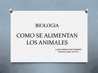 COMO SE ALIMENTAN
LOS ANIMALES
LUNA KARINA DIAZ RAMIREZ
Monteria, Mayo de 2013
BIOLOGIA
 