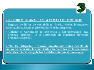 REGISTRO MERCANTIL: EN LA CAMARA DE COMERCIO
* Registro de libros de contabilidad: Diario, Mayor, Inventarios,
Balance, Actas, según el giro ordinario de los negocios.
* Obtener el Certificado de Existencia y Representación legal
(Personas Jurídicas) o el Certificado de Matricula Mercantil
(Personas Naturales).

NOTA: Es obligación renovar anualmente antes del 31 de
marzo de cada año, las matriculas mercantiles de las personas
naturales o jurídicas y de los Establecimientos de comercio.
 