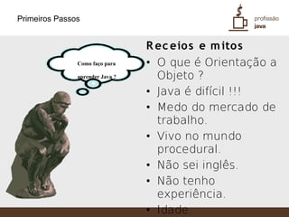Primeiros Passos


                                 R ec eios e m ito s
               Como faço para    • O que é Orientação a
               aprender Java ?     Objeto ?
                                 • Java é difícil !!!
                                 • Medo do mercado de
                                   trabalho.
                                 • Vivo no mundo
                                   procedural.
                                 • Não sei inglês.
                                 • Não tenho
                                   experiência.
                                 • Idade.
 