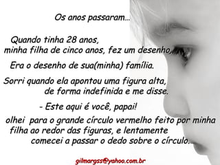 Quando tinha 28 anos,  minha filha de cinco anos, fez um desenho. - Este aqui é você, papai!  [email_address] Os anos passaram… Era o desenho de sua(minha) família. Sorri quando ela apontou uma figura alta,  de forma indefinida e me disse. olhei  para o grande círculo vermelho feito por minha filha ao redor das figuras, e lentamente  comecei a passar o dedo sobre o círculo. 