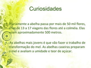 Curiosidades

• Diariamente a abelha passa por mais de 50 mil flores,
  e faz de 13 a 17 viagens das flores até a colméia. Elas
  voam aproximadamente 500 metros.

• As abelhas mais jovens é que vão fazer o trabalho de
  transformação do mel. As abelhas caseiras preparam
  o mel e avaliam a umidade e teor de açúcar.
 