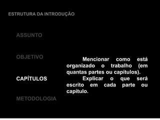 ESTRUTURA DA INTRODUÇÃO
ASSUNTO
OBJETIVO
CAPÍTULOS
METODOLOGIA
Mencionar como está
organizado o trabalho (em
quantas partes ou capítulos).
Explicar o que será
escrito em cada parte ou
capítulo.
 